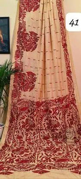 Hand Kantha Beige Red Saree, Festive Bangalore Silk - Saree - Aakritee - S10501